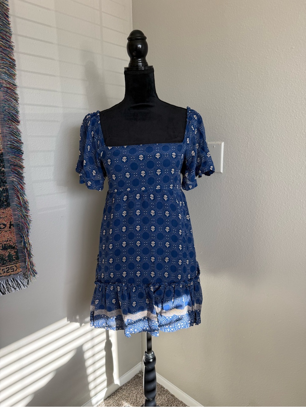 Maeve by Anthropologie Navy Square-Neck Mini Dress with Ruffle Hem